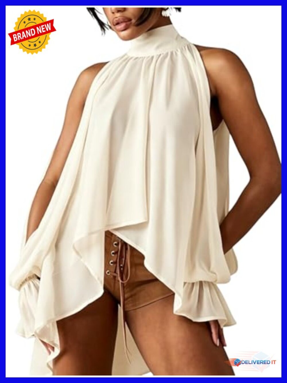 Flowy Chiffon Halter Top Asymmetrical Ruffle Sleeveless Blouse